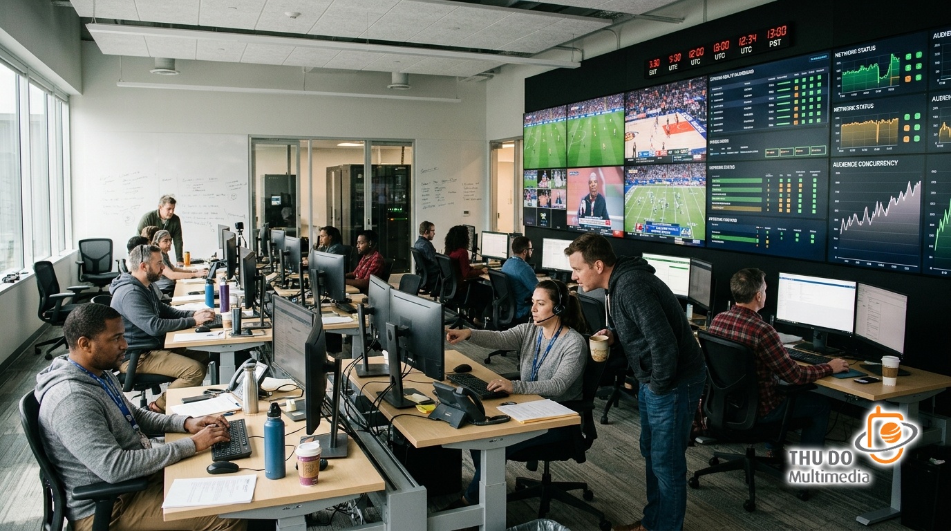 Master Control Room operators monitoring live stream health, ad insertion telemetry, and concurrency metrics during a major sports event. Master Control Room operators monitoring live stream health, ad insertion telemetry, and concurrency metrics during a major sports event.