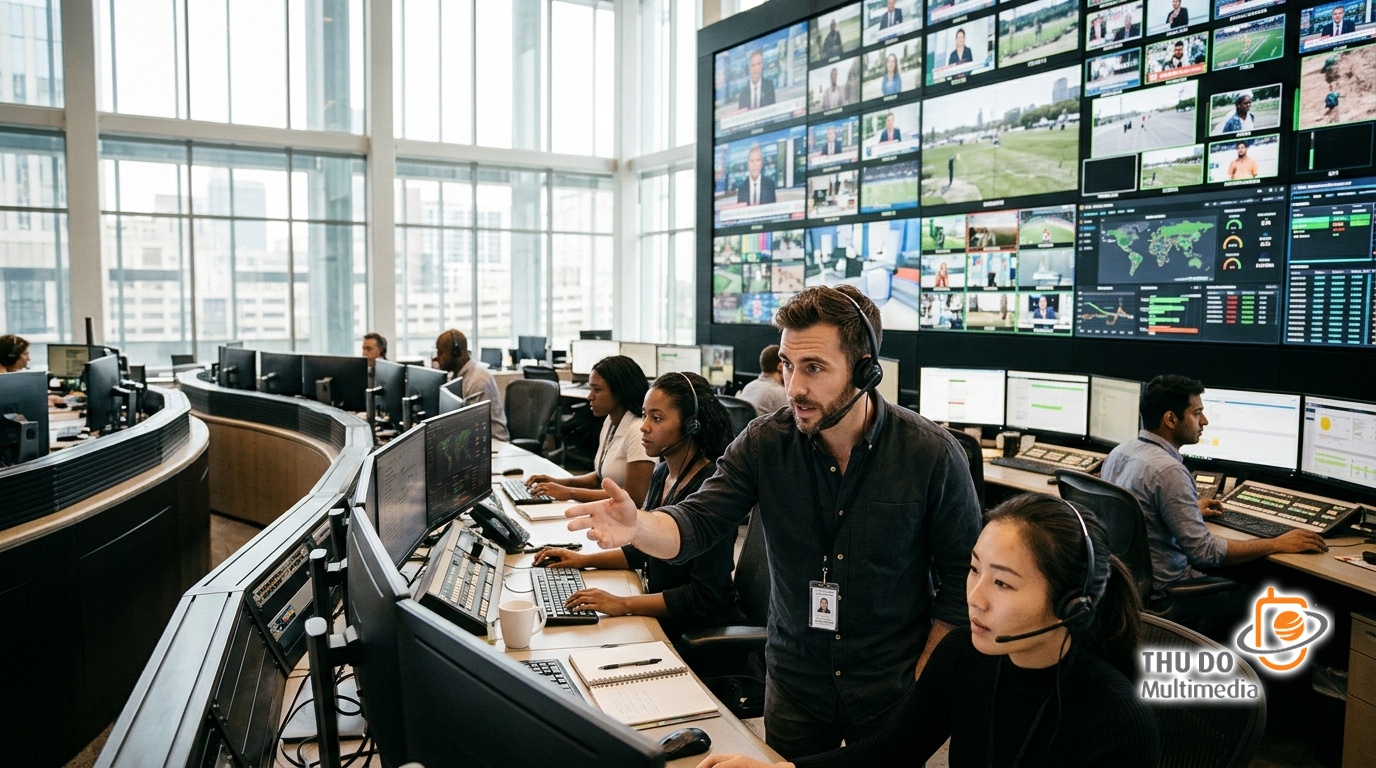 Master control room operators monitoring live video broadcasts and security telemetry
