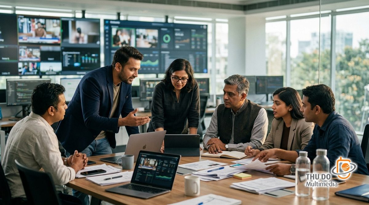 Media producers analyzing regional audience engagement trends in a modern Bengaluru creative studio. Media producers analyzing regional audience engagement trends in a modern Bengaluru creative studio.