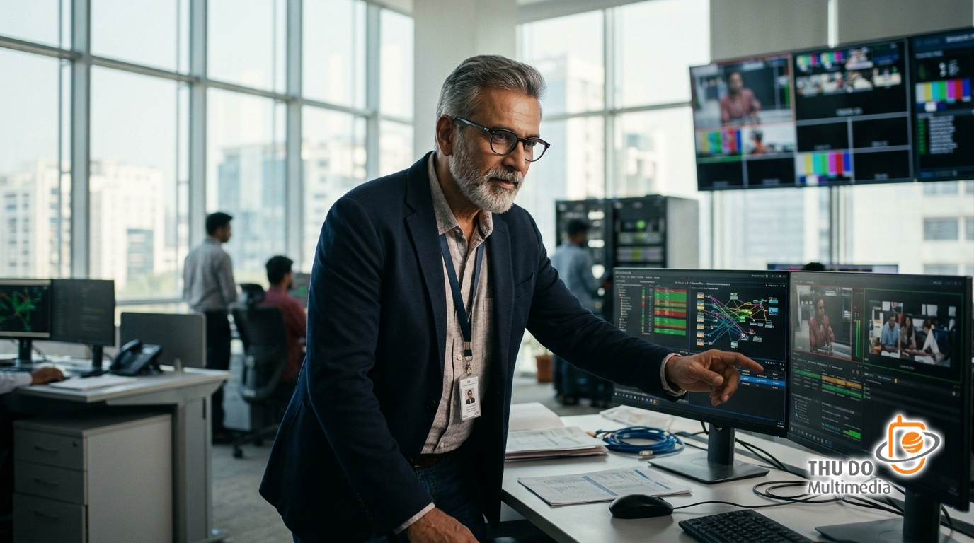 Network engineer optimizing 5G streaming infrastructure in a modern New Delhi facility Network engineer optimizing 5G streaming infrastructure in a modern New Delhi facility