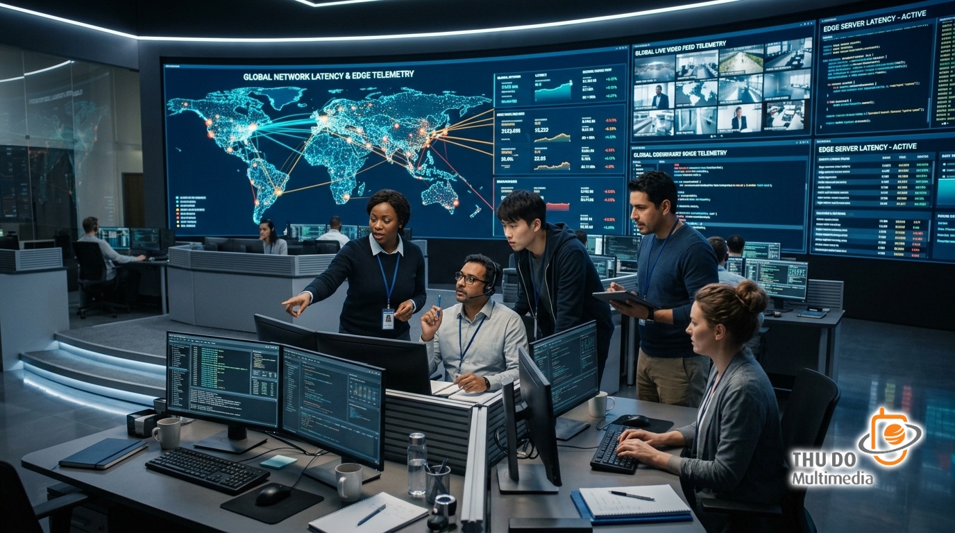 Network engineers optimizing edge caching and real-time streaming telemetry in a modern operations center.