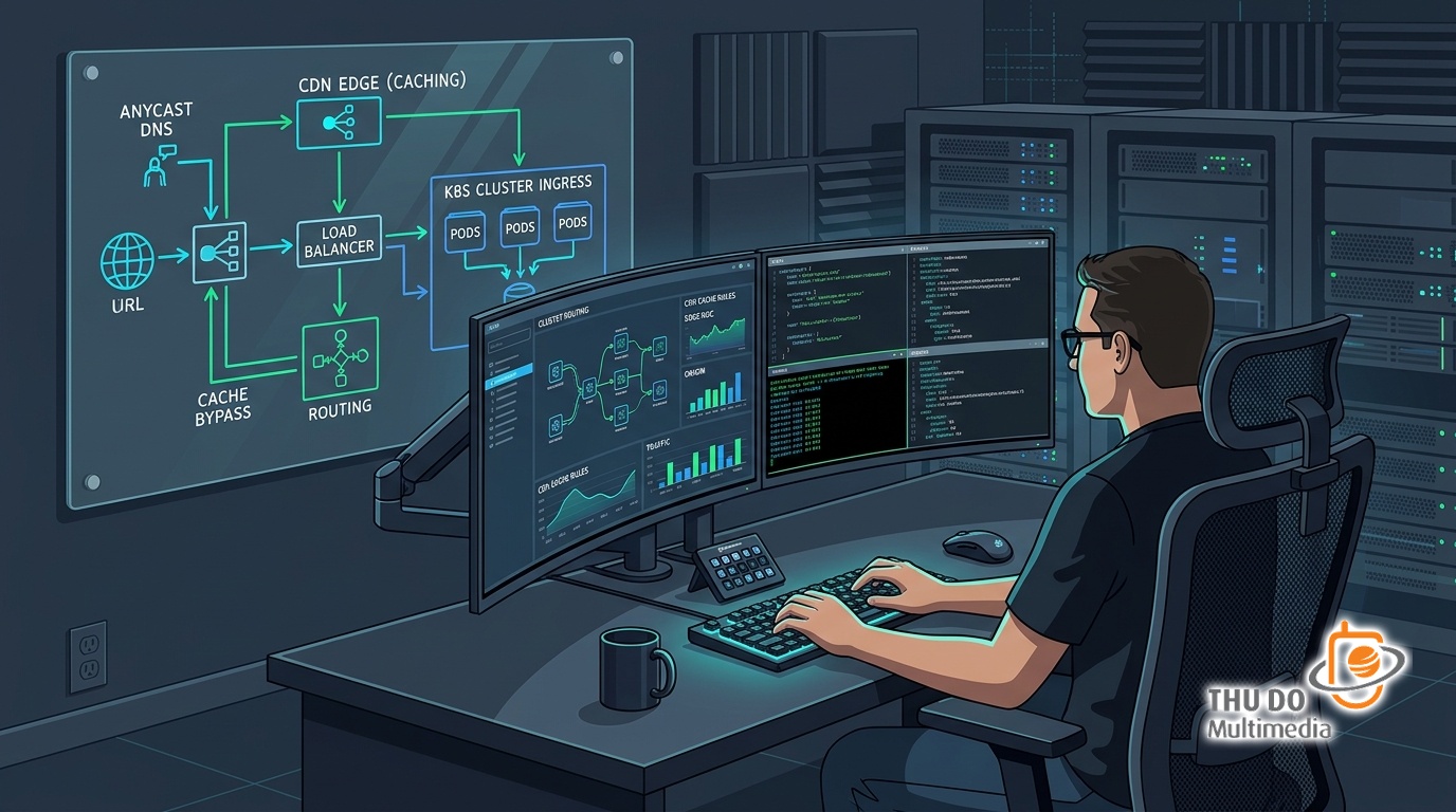 Senior engineer configuring CDN caching layers and origin shields for a video delivery network. Senior engineer configuring CDN caching layers and origin shields for a video delivery network.