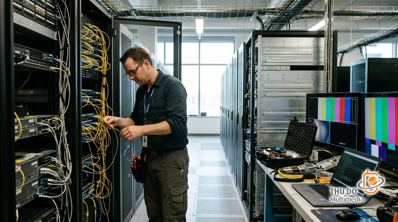 Systems technician inspecting edge servers and fiber connections in a data center optimized for low-latency video distribution. Systems technician inspecting edge servers and fiber connections in a data center optimized for low-latency video distribution.