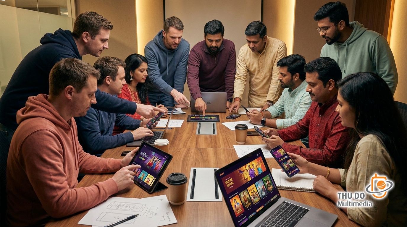 Tech developers and creators collaborating on mobile-first vernacular streaming applications.