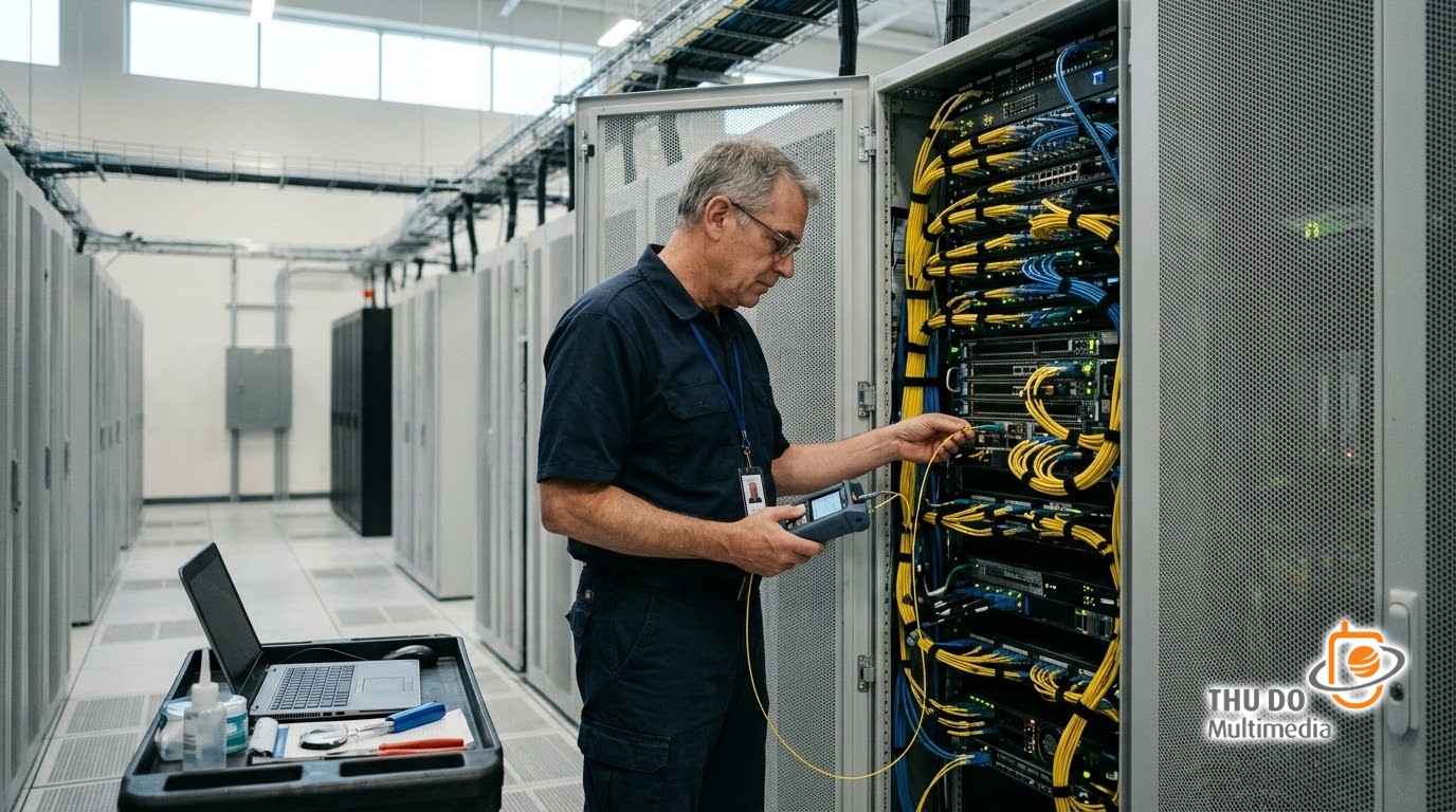 Technician inspecting fiber-optic connections and server hardware within a high-density video transcoding facility. Technician inspecting fiber-optic connections and server hardware within a high-density video transcoding facility.