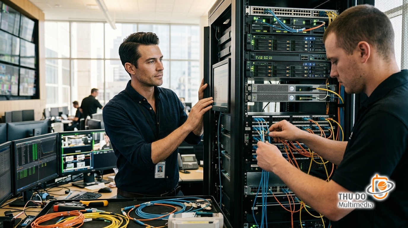 Technician testing hardware video streaming equipment in a broadcast lab
